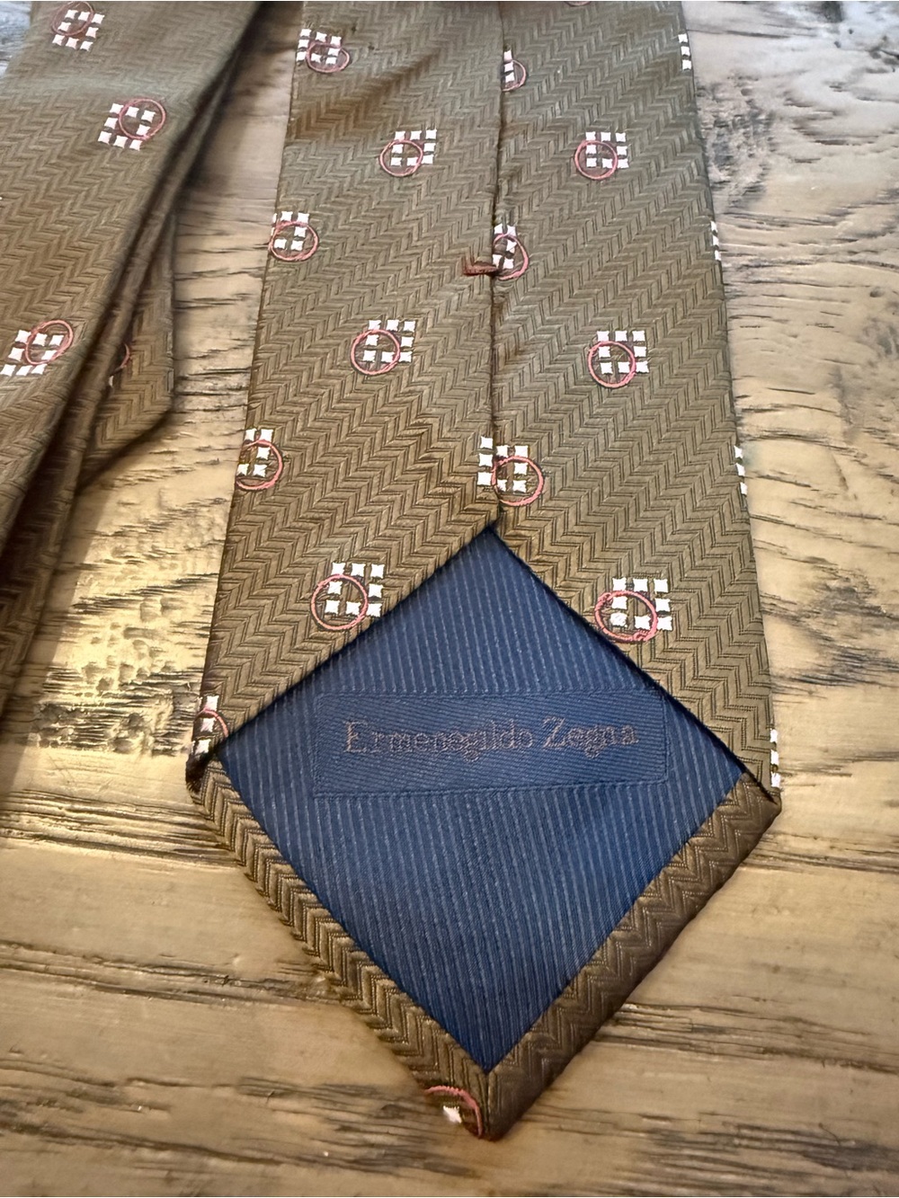 Ermenegildo Zegna Olive Brown Geometric Medallion Silk Tie